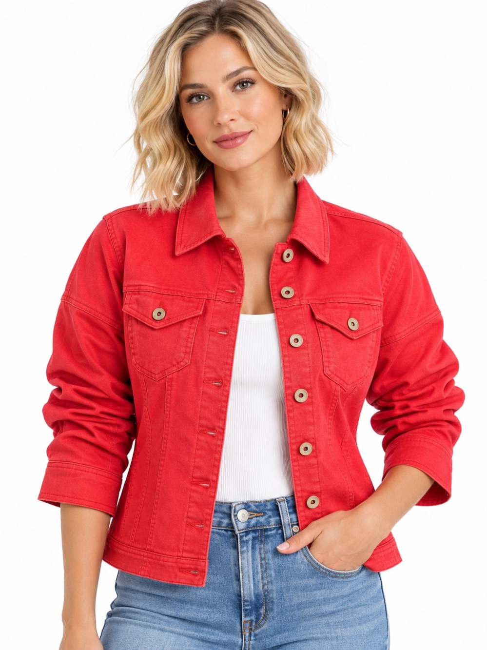 DEMOCRACY Cinch Sleeve Lobster Red Denim Jacket Women’s Size XS NWT